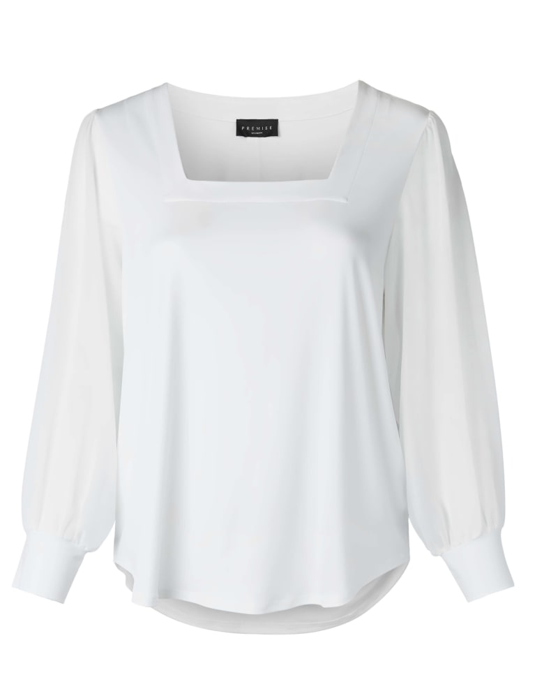 Front of a size 1X Frances Chiffon Mixed Media Top in Soft White by Premise. | dia_product_style_image_id:283455